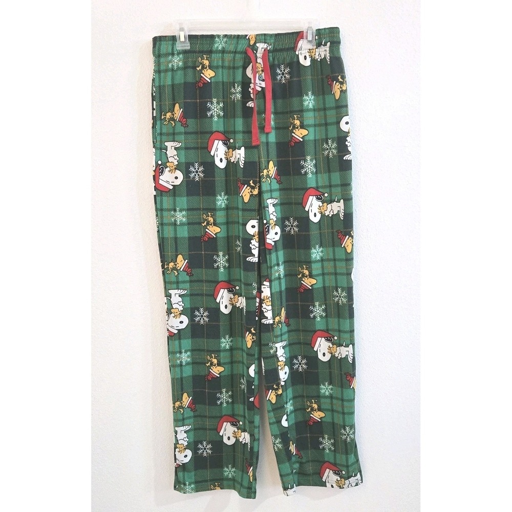 Peanuts Snoopy Woodstock Pajama Pants Mens Small Green Christmas Plaid Flannel